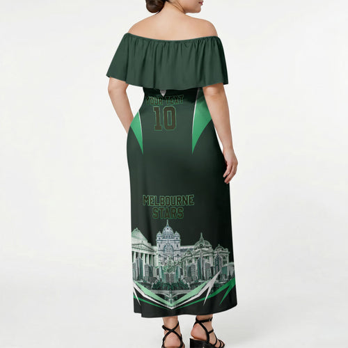 Personalised Melbourne Stars Cricket Mascot Skyline Off Shoulder Maxi Dress Comic Style Superhero Mascot Fan Art Graphic