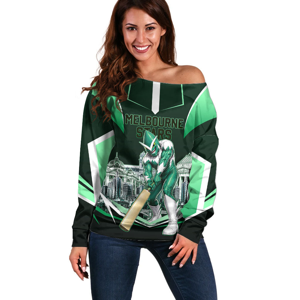 Personalised Melbourne Stars Cricket Mascot Skyline Off Shoulder Sweater Comic Style Superhero Mascot Fan Art Graphic