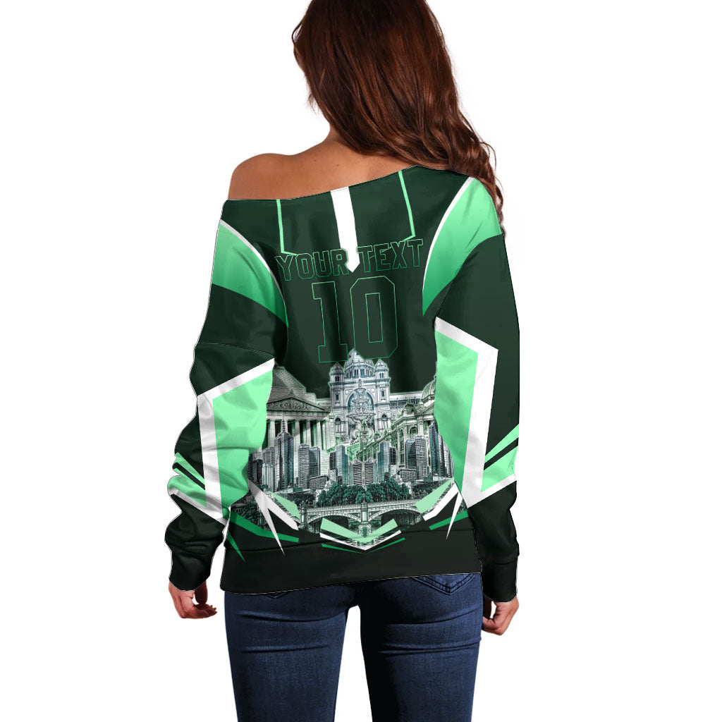 Personalised Melbourne Stars Cricket Mascot Skyline Off Shoulder Sweater Comic Style Superhero Mascot Fan Art Graphic