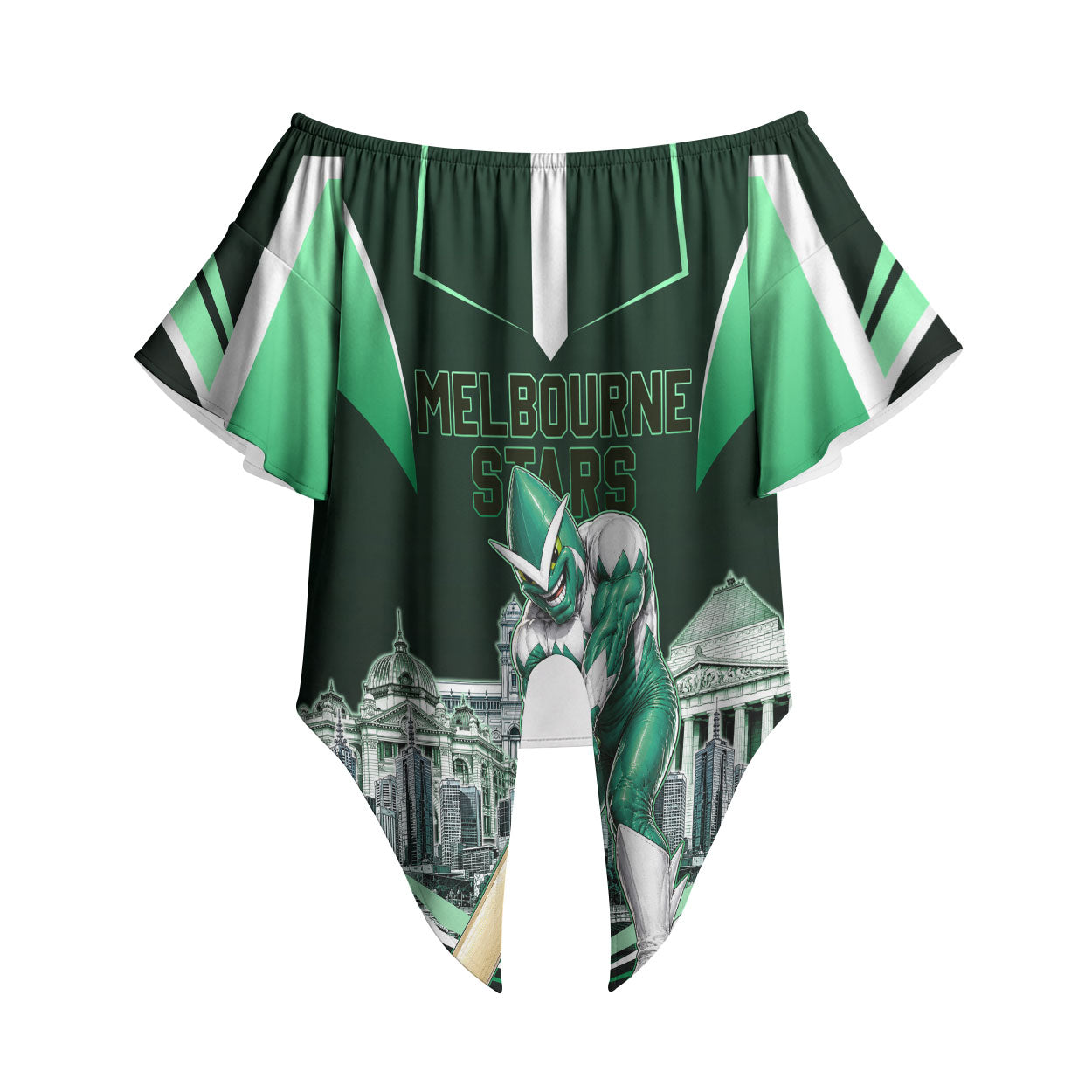 Personalised Melbourne Stars Cricket Mascot Skyline Off Shoulder Wrap Waist Top Comic Style Superhero Mascot Fan Art Graphic