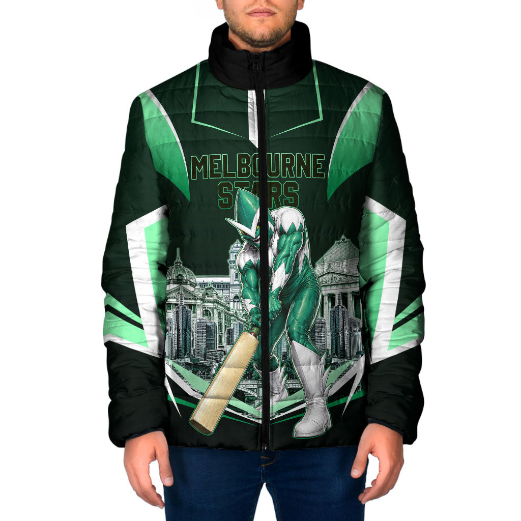 Personalised Melbourne Stars Cricket Mascot Skyline Padded Jacket Comic Style Superhero Mascot Fan Art Graphic