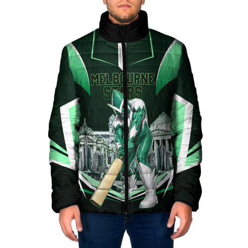 Personalised Melbourne Stars Cricket Mascot Skyline Padded Jacket Comic Style Superhero Mascot Fan Art Graphic