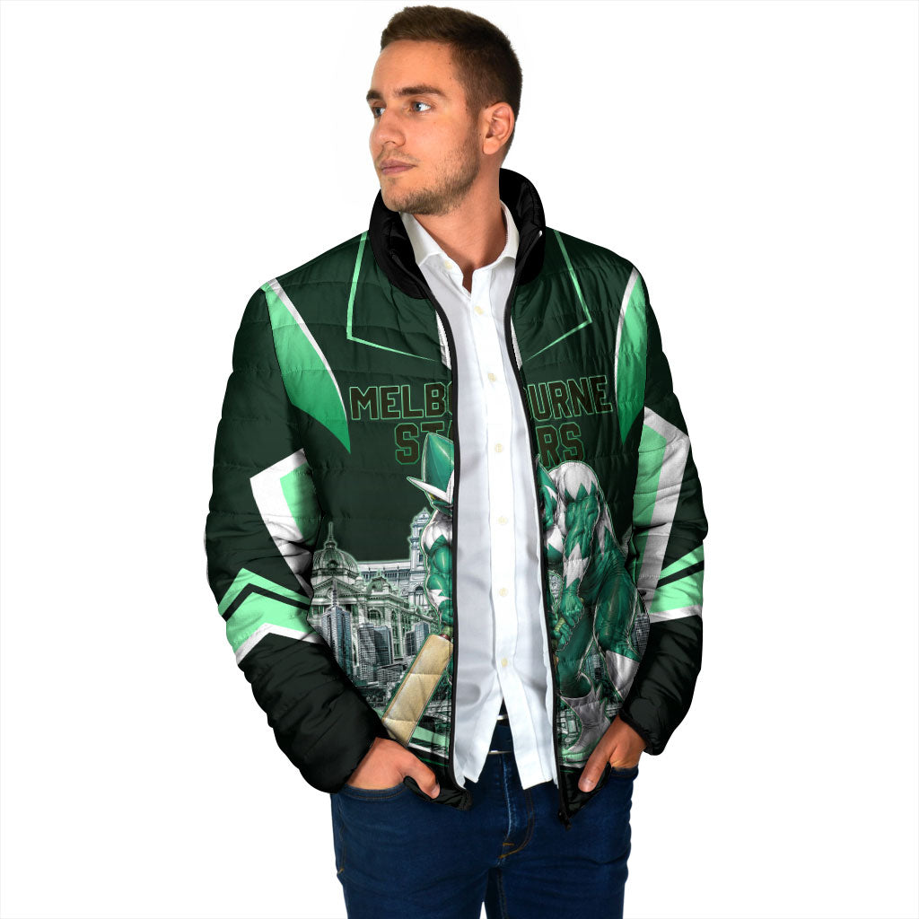 Personalised Melbourne Stars Cricket Mascot Skyline Padded Jacket Comic Style Superhero Mascot Fan Art Graphic