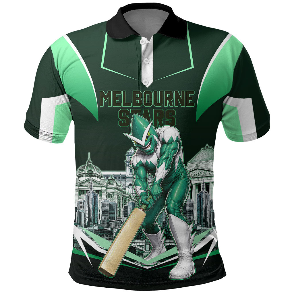 Personalised Melbourne Stars Cricket Mascot Skyline Polo Shirt Comic Style Superhero Mascot Fan Art Graphic