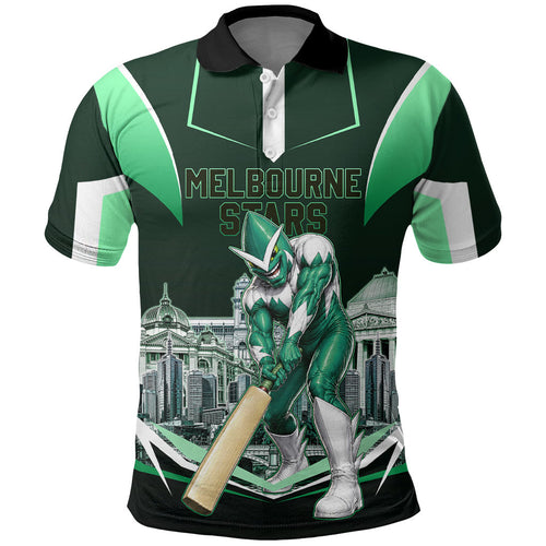Personalised Melbourne Stars Cricket Mascot Skyline Polo Shirt Comic Style Superhero Mascot Fan Art Graphic