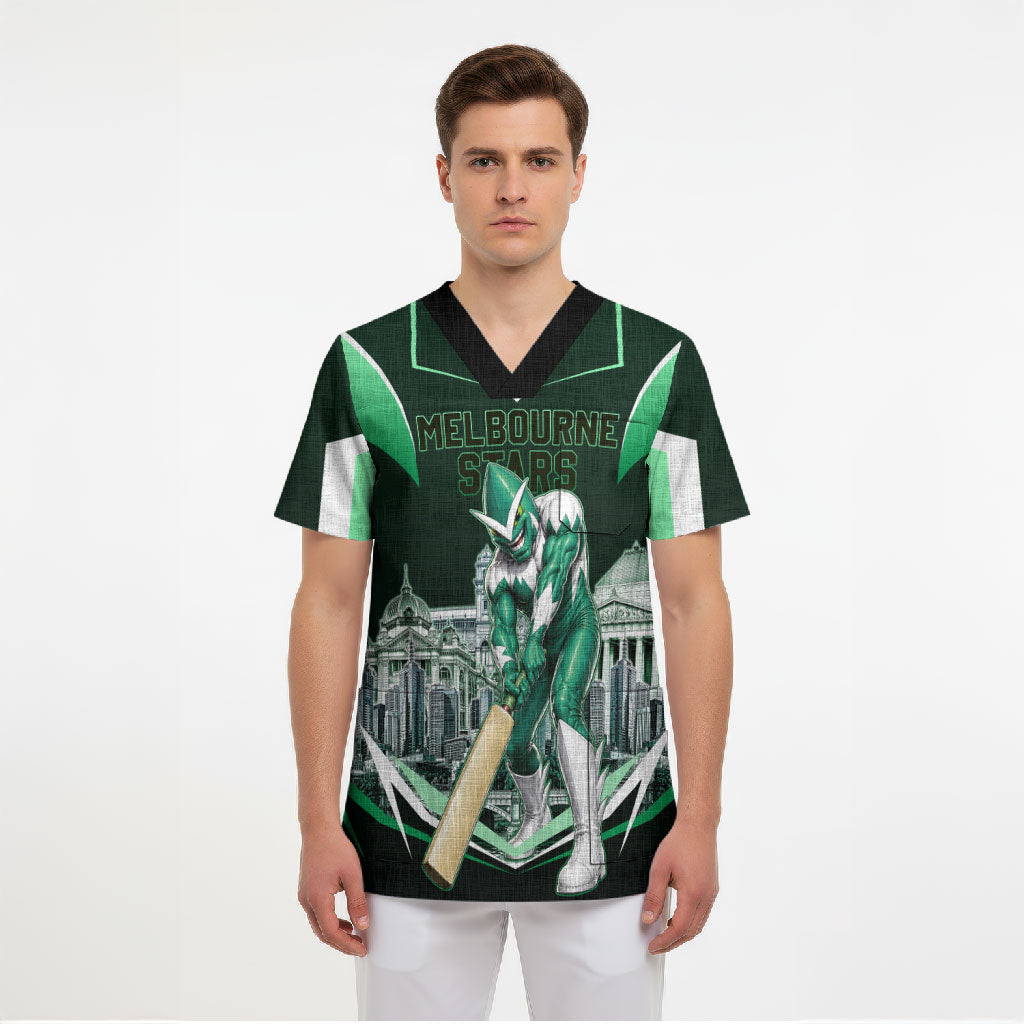 Personalised Melbourne Stars Cricket Mascot Skyline Scrub Top Comic Style Superhero Mascot Fan Art Graphic
