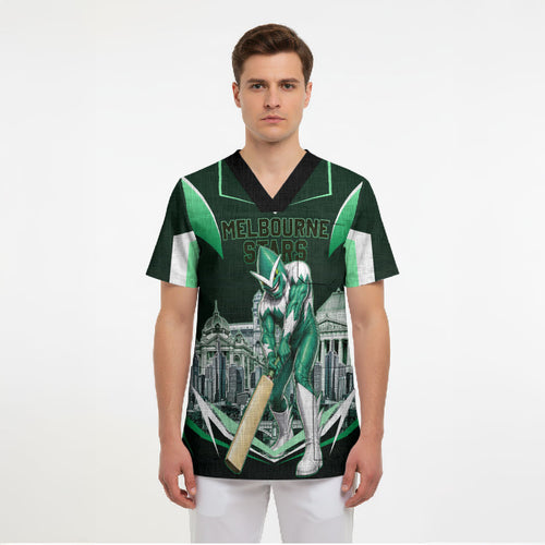 Personalised Melbourne Stars Cricket Mascot Skyline Scrub Top Comic Style Superhero Mascot Fan Art Graphic