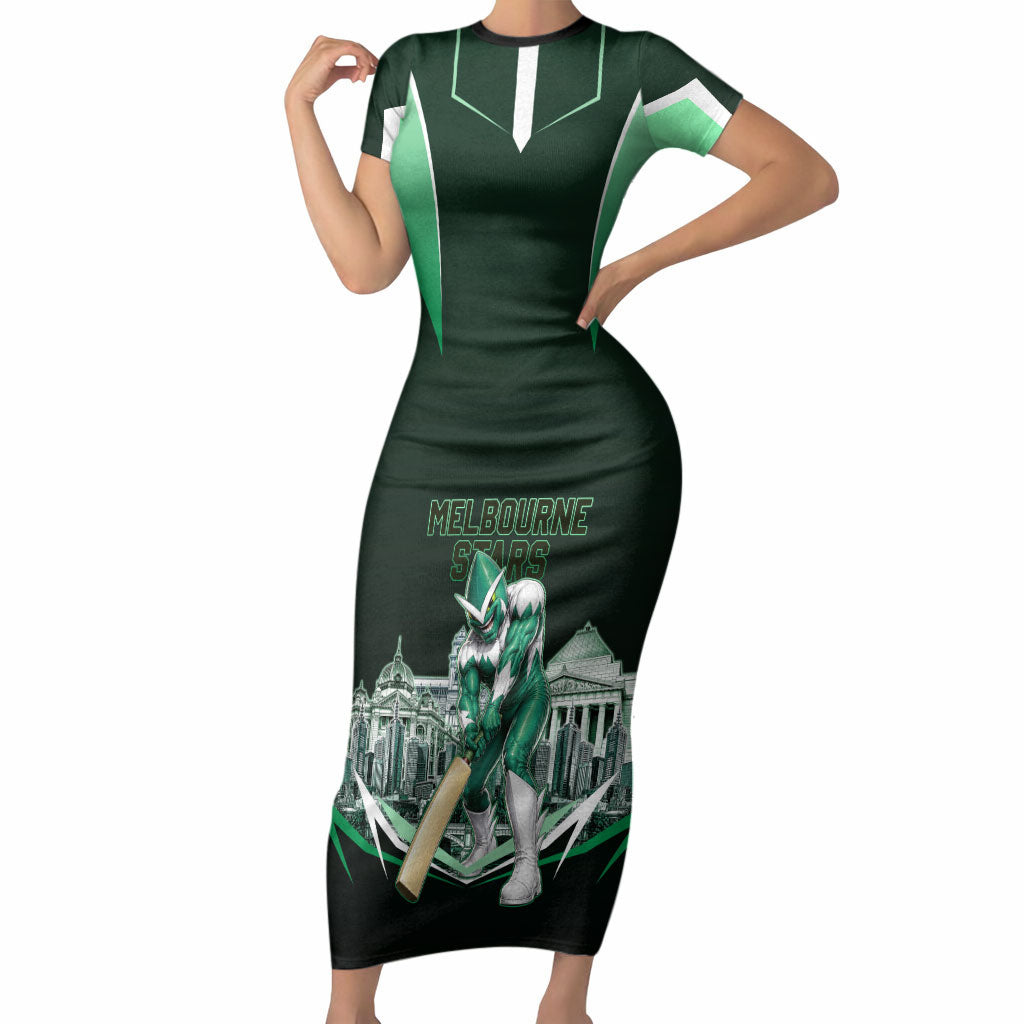Personalised Melbourne Stars Cricket Mascot Skyline Short Sleeve Bodycon Dress Comic Style Superhero Mascot Fan Art Graphic