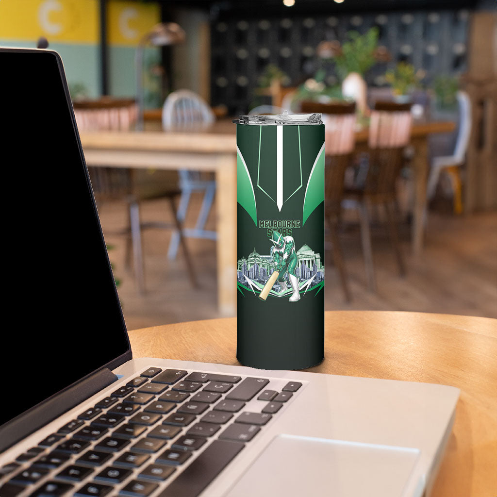Personalised Melbourne Stars Cricket Mascot Skyline Skinny Tumbler Comic Style Superhero Mascot Fan Art Graphic