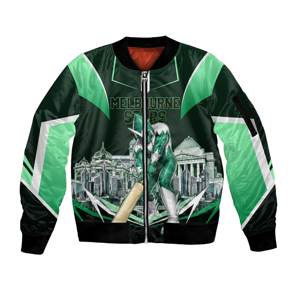 Personalised Melbourne Stars Cricket Mascot Skyline Sleeve Zip Bomber Jacket Comic Style Superhero Mascot Fan Art Graphic