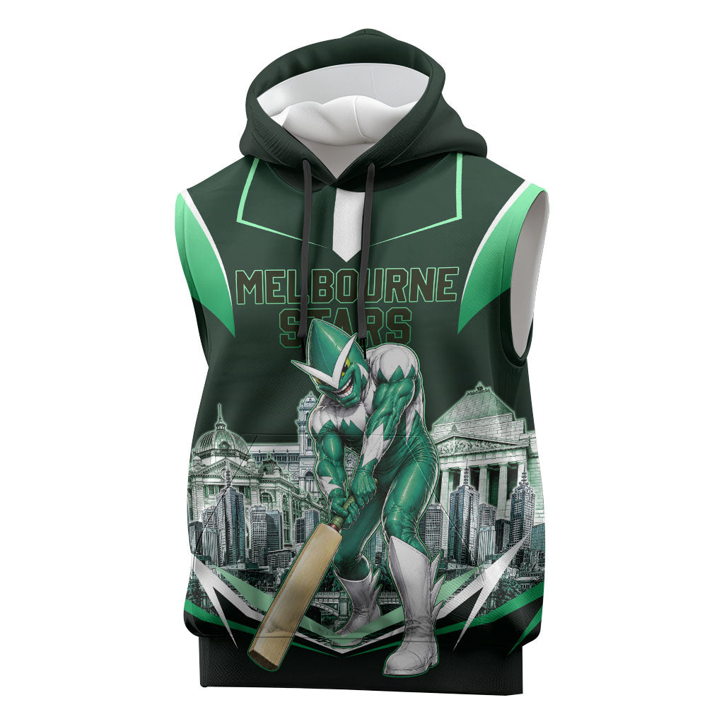 Personalised Melbourne Stars Cricket Mascot Skyline Sleeveless Hoodie Comic Style Superhero Mascot Fan Art Graphic