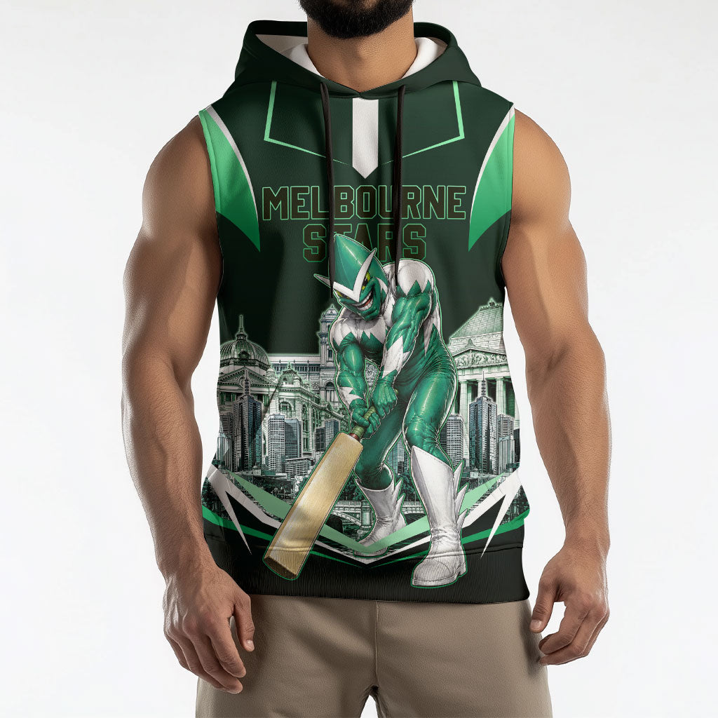 Personalised Melbourne Stars Cricket Mascot Skyline Sleeveless Hoodie Comic Style Superhero Mascot Fan Art Graphic