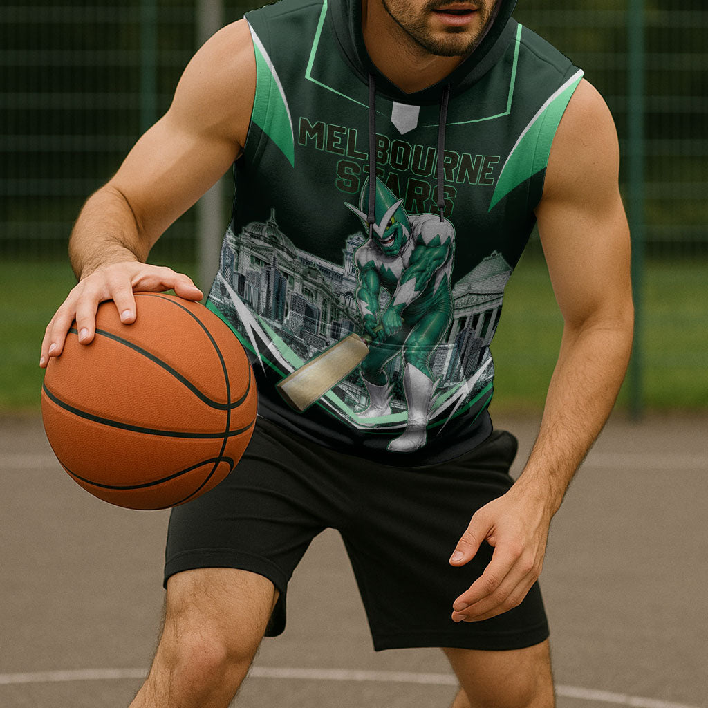 Personalised Melbourne Stars Cricket Mascot Skyline Sleeveless Hoodie Comic Style Superhero Mascot Fan Art Graphic