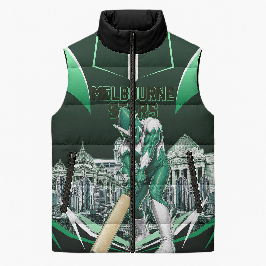 Personalised Melbourne Stars Cricket Mascot Skyline Sleeveless Puffer Jacket Comic Style Superhero Mascot Fan Art Graphic