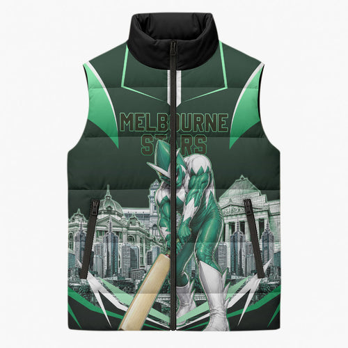 Personalised Melbourne Stars Cricket Mascot Skyline Sleeveless Puffer Jacket Comic Style Superhero Mascot Fan Art Graphic