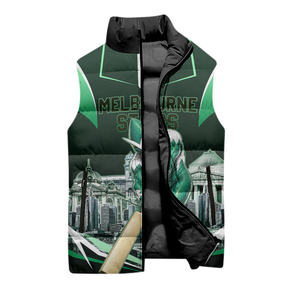 Personalised Melbourne Stars Cricket Mascot Skyline Sleeveless Puffer Jacket Comic Style Superhero Mascot Fan Art Graphic