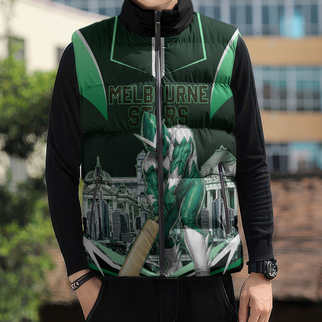 Personalised Melbourne Stars Cricket Mascot Skyline Sleeveless Puffer Jacket Comic Style Superhero Mascot Fan Art Graphic