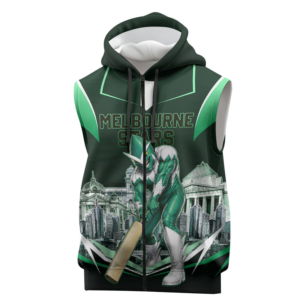 Personalised Melbourne Stars Cricket Mascot Skyline Sleeveless Zip Hoodie Comic Style Superhero Mascot Fan Art Graphic