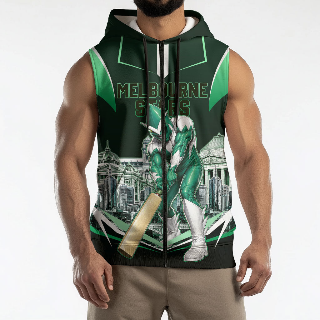 Personalised Melbourne Stars Cricket Mascot Skyline Sleeveless Zip Hoodie Comic Style Superhero Mascot Fan Art Graphic