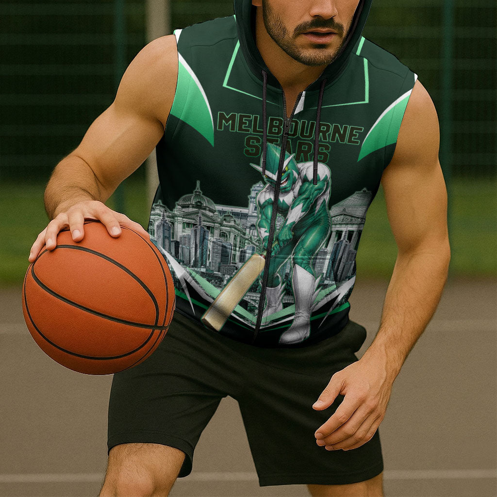 Personalised Melbourne Stars Cricket Mascot Skyline Sleeveless Zip Hoodie Comic Style Superhero Mascot Fan Art Graphic