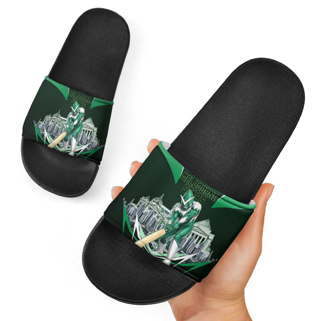 Personalised Melbourne Stars Cricket Mascot Skyline Slide Sandals Comic Style Superhero Mascot Fan Art Graphic