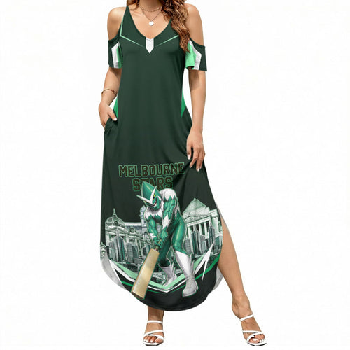 Personalised Melbourne Stars Cricket Mascot Skyline Summer Maxi Dress Comic Style Superhero Mascot Fan Art Graphic