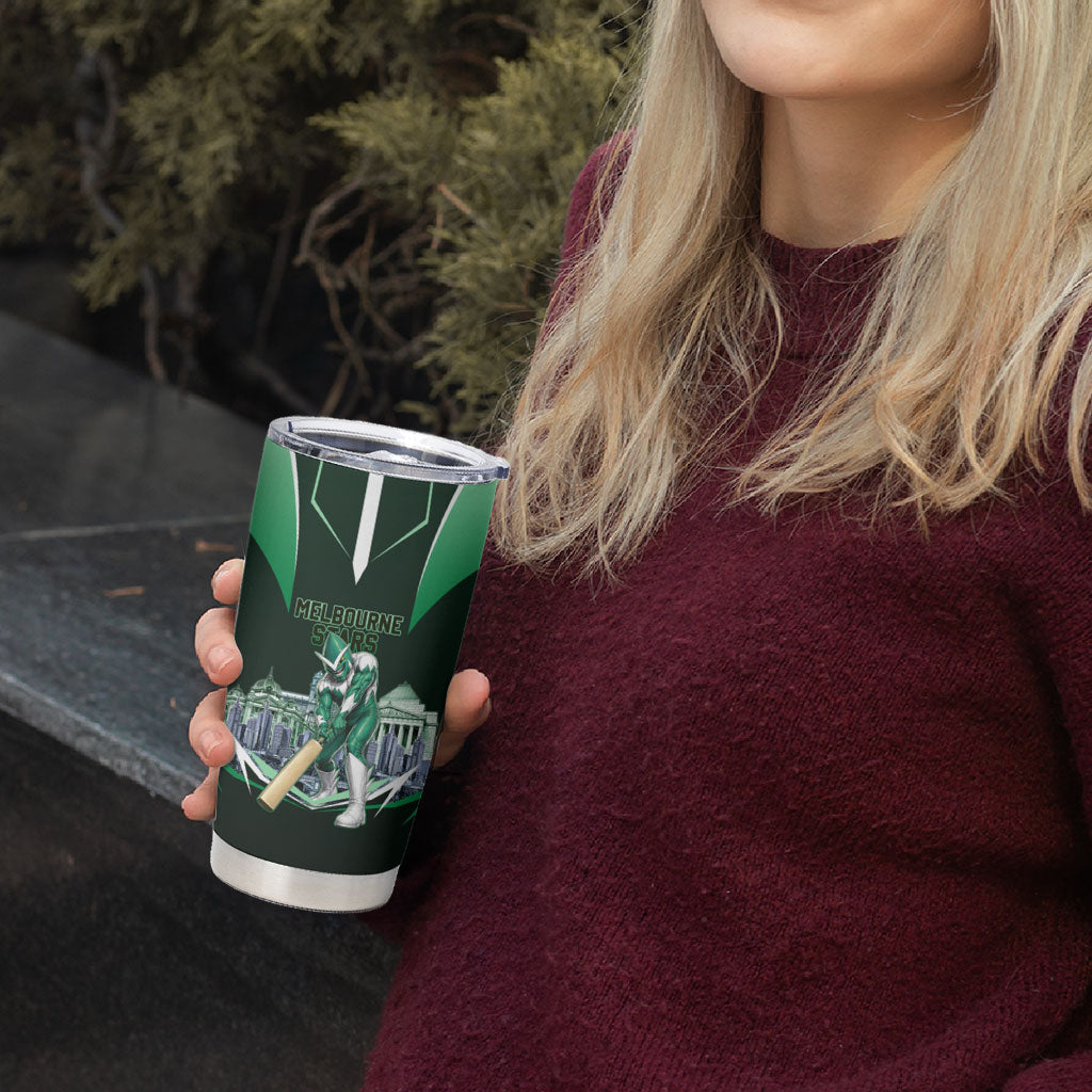 Personalised Melbourne Stars Cricket Mascot Skyline Tumbler Cup Comic Style Superhero Mascot Fan Art Graphic
