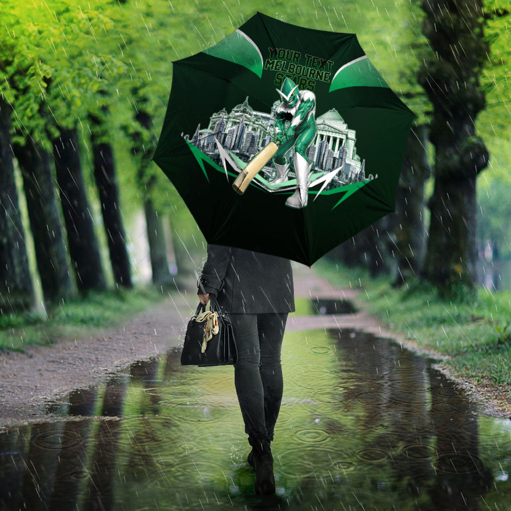 Personalised Melbourne Stars Cricket Mascot Skyline Umbrella Comic Style Superhero Mascot Fan Art Graphic
