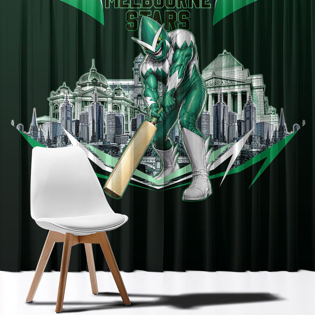 Personalised Melbourne Stars Cricket Mascot Skyline Window Curtain Comic Style Superhero Mascot Fan Art Graphic