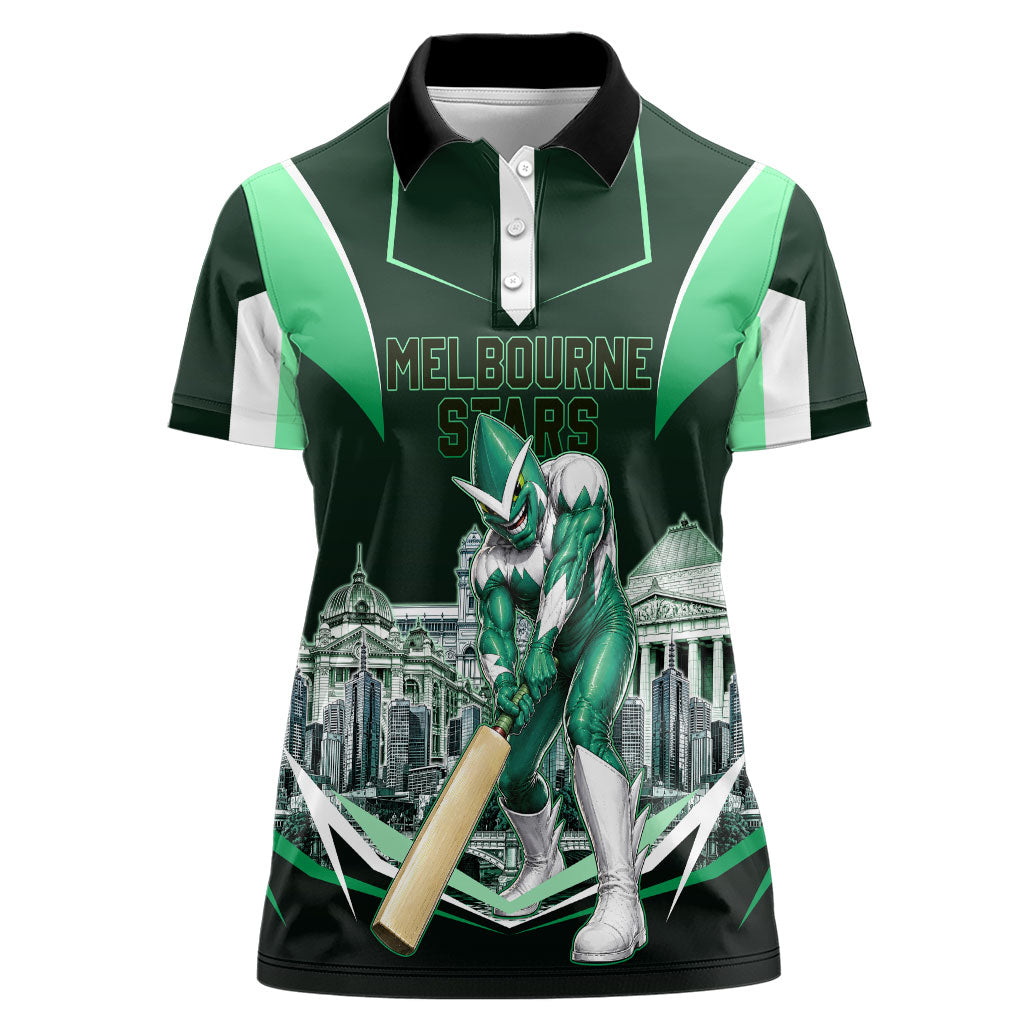 Personalised Melbourne Stars Cricket Mascot Skyline Women Polo Shirt Comic Style Superhero Mascot Fan Art Graphic