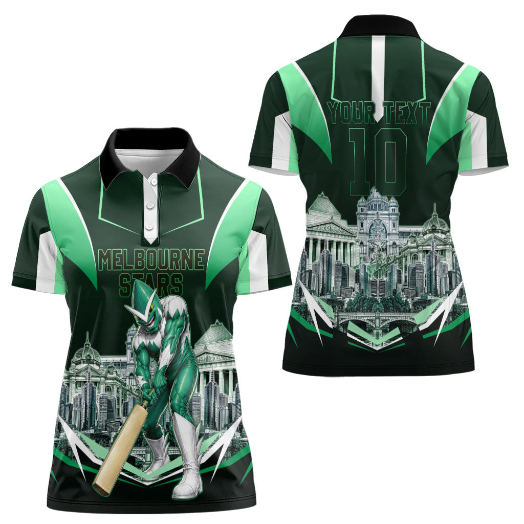 Personalised Melbourne Stars Cricket Mascot Skyline Women Polo Shirt Comic Style Superhero Mascot Fan Art Graphic