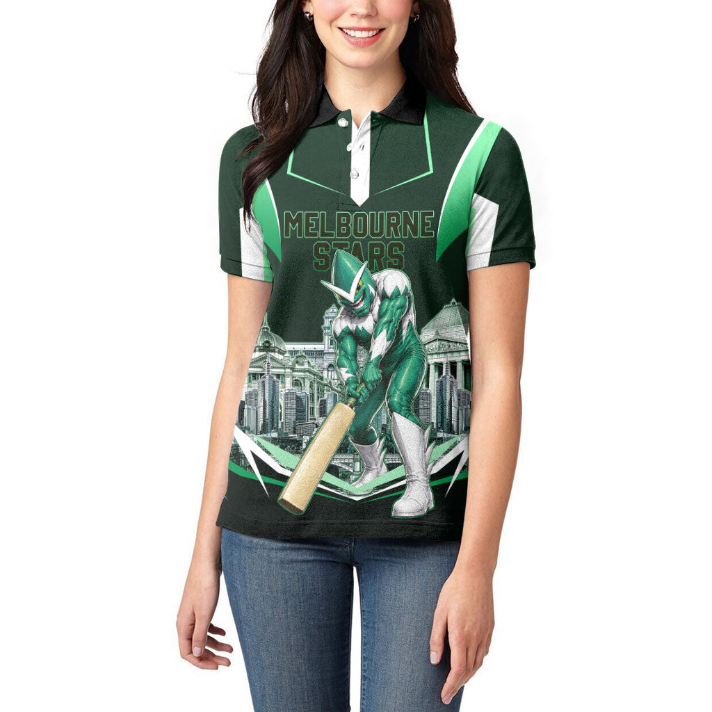 Personalised Melbourne Stars Cricket Mascot Skyline Women Polo Shirt Comic Style Superhero Mascot Fan Art Graphic