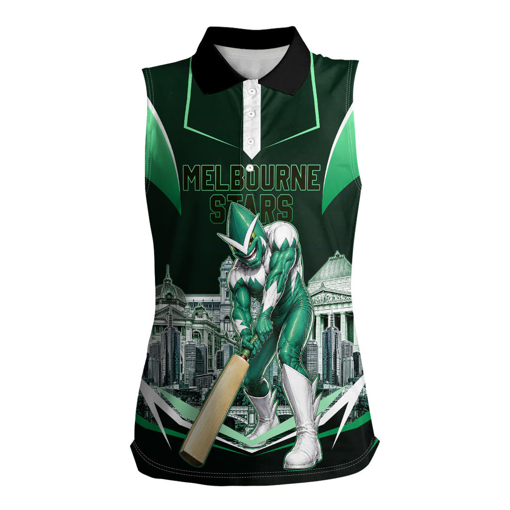 Personalised Melbourne Stars Cricket Mascot Skyline Women Sleeveless Polo Shirt Comic Style Superhero Mascot Fan Art Graphic