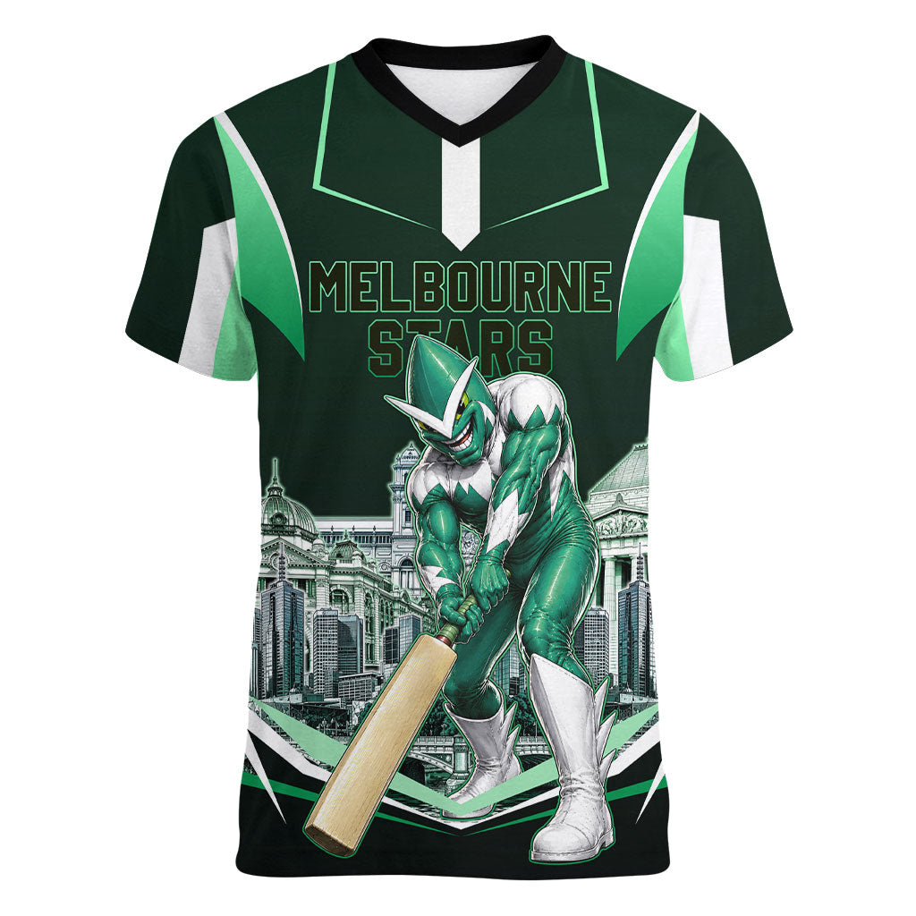 Personalised Melbourne Stars Cricket Mascot Skyline Women V-Neck T-Shirt Comic Style Superhero Mascot Fan Art Graphic