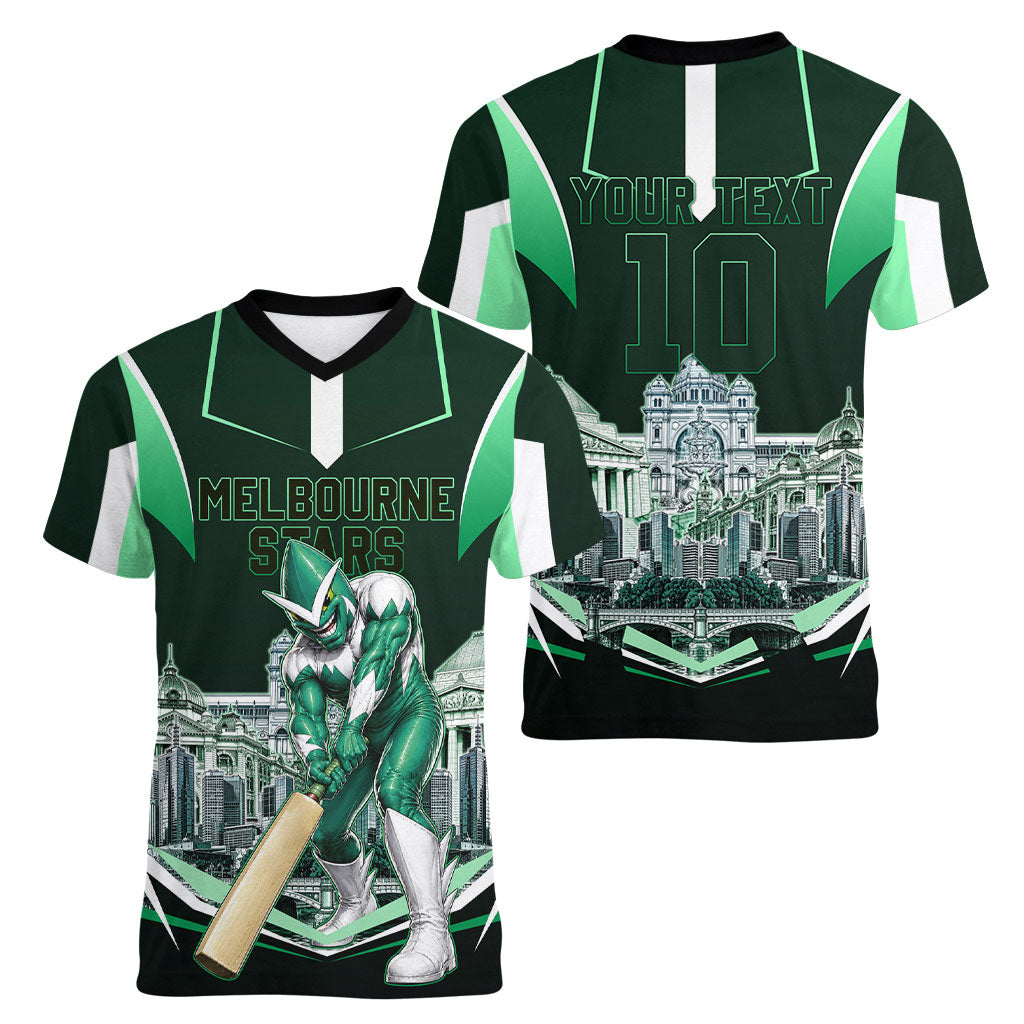 Personalised Melbourne Stars Cricket Mascot Skyline Women V-Neck T-Shirt Comic Style Superhero Mascot Fan Art Graphic