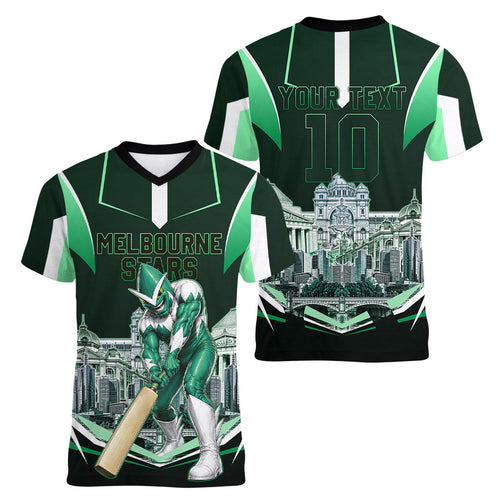 Personalised Melbourne Stars Cricket Mascot Skyline Women V-Neck T-Shirt Comic Style Superhero Mascot Fan Art Graphic
