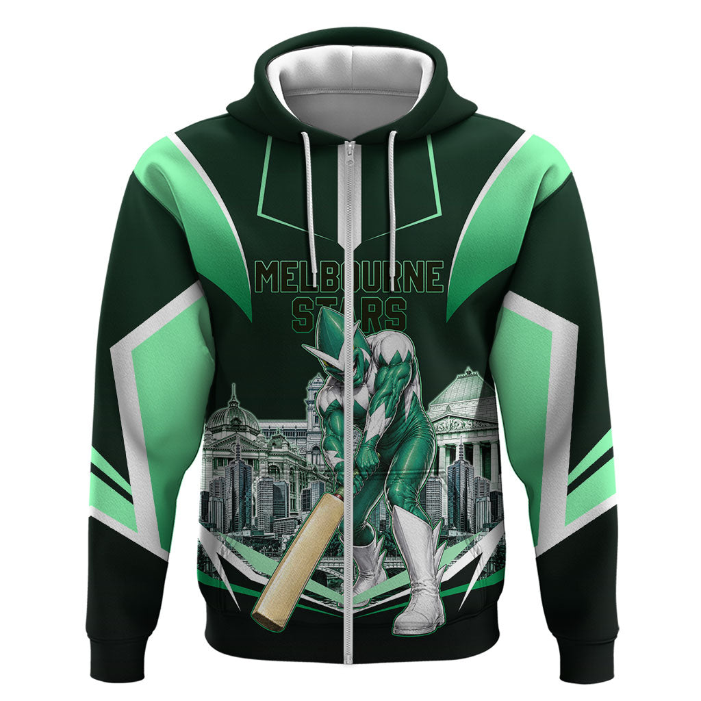 Personalised Melbourne Stars Cricket Mascot Skyline Zip Hoodie Comic Style Superhero Mascot Fan Art Graphic