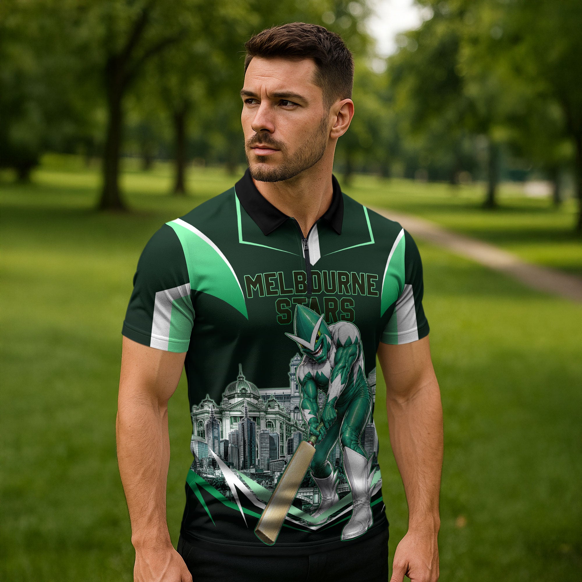 Personalised Melbourne Stars Cricket Mascot Skyline Zipper Polo Shirt Comic Style Superhero Mascot Fan Art Graphic