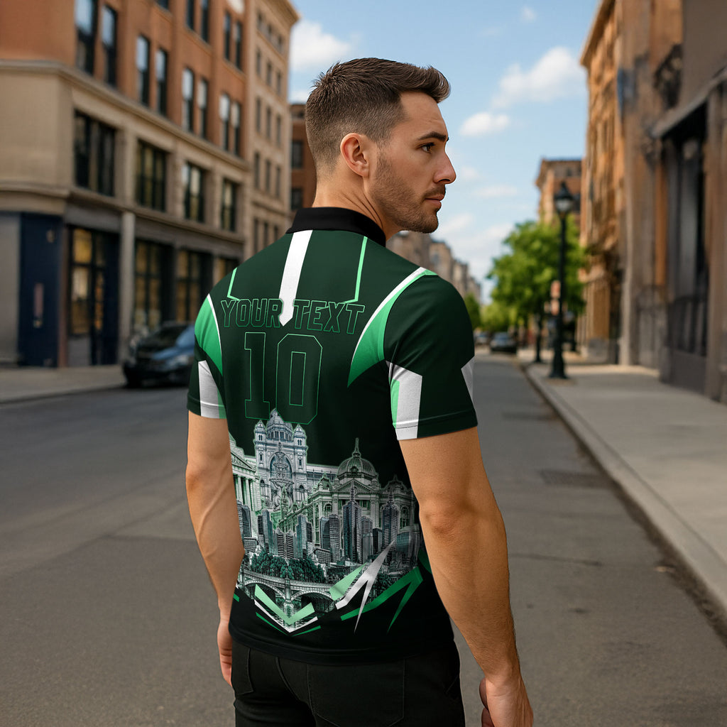 Personalised Melbourne Stars Cricket Mascot Skyline Zipper Polo Shirt Comic Style Superhero Mascot Fan Art Graphic