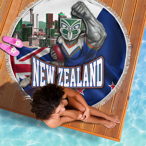 New Zealand Warriors Rugby Beach Blanket Warrior Mascot Auckland Skyline Flag Art