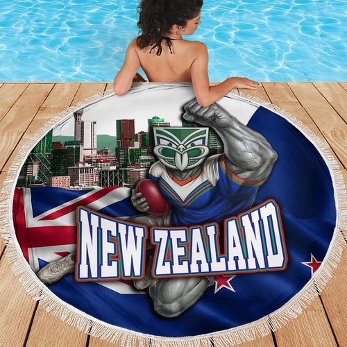New Zealand Warriors Rugby Beach Blanket Warrior Mascot Auckland Skyline Flag Art