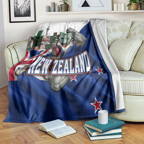 New Zealand Warriors Rugby Blanket Warrior Mascot Auckland Skyline Flag Art
