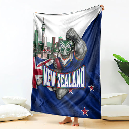New Zealand Warriors Rugby Blanket Warrior Mascot Auckland Skyline Flag Art