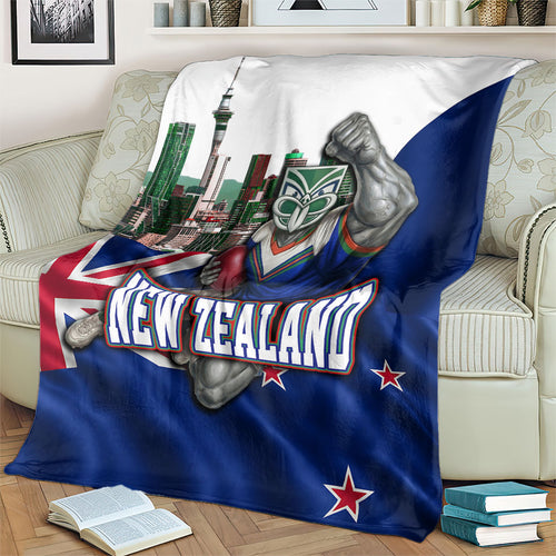 New Zealand Warriors Rugby Blanket Warrior Mascot Auckland Skyline Flag Art