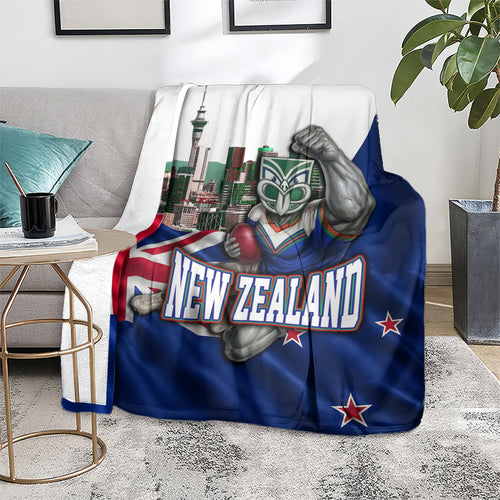 New Zealand Warriors Rugby Blanket Warrior Mascot Auckland Skyline Flag Art