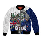 Personalized New Zealand Warriors Rugby Bomber Jacket Warrior Mascot Auckland Skyline Flag Art