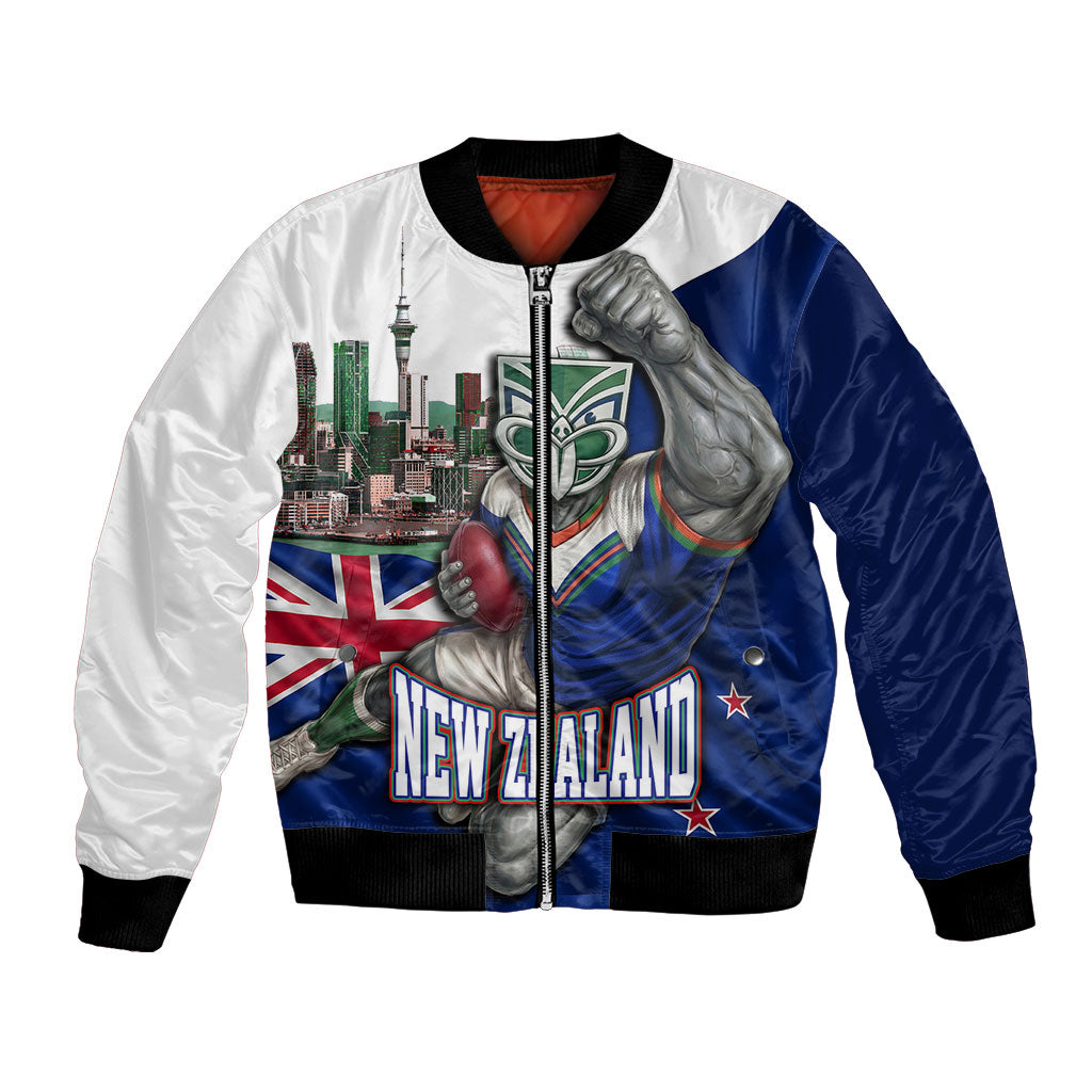 Personalized New Zealand Warriors Rugby Bomber Jacket Warrior Mascot Auckland Skyline Flag Art