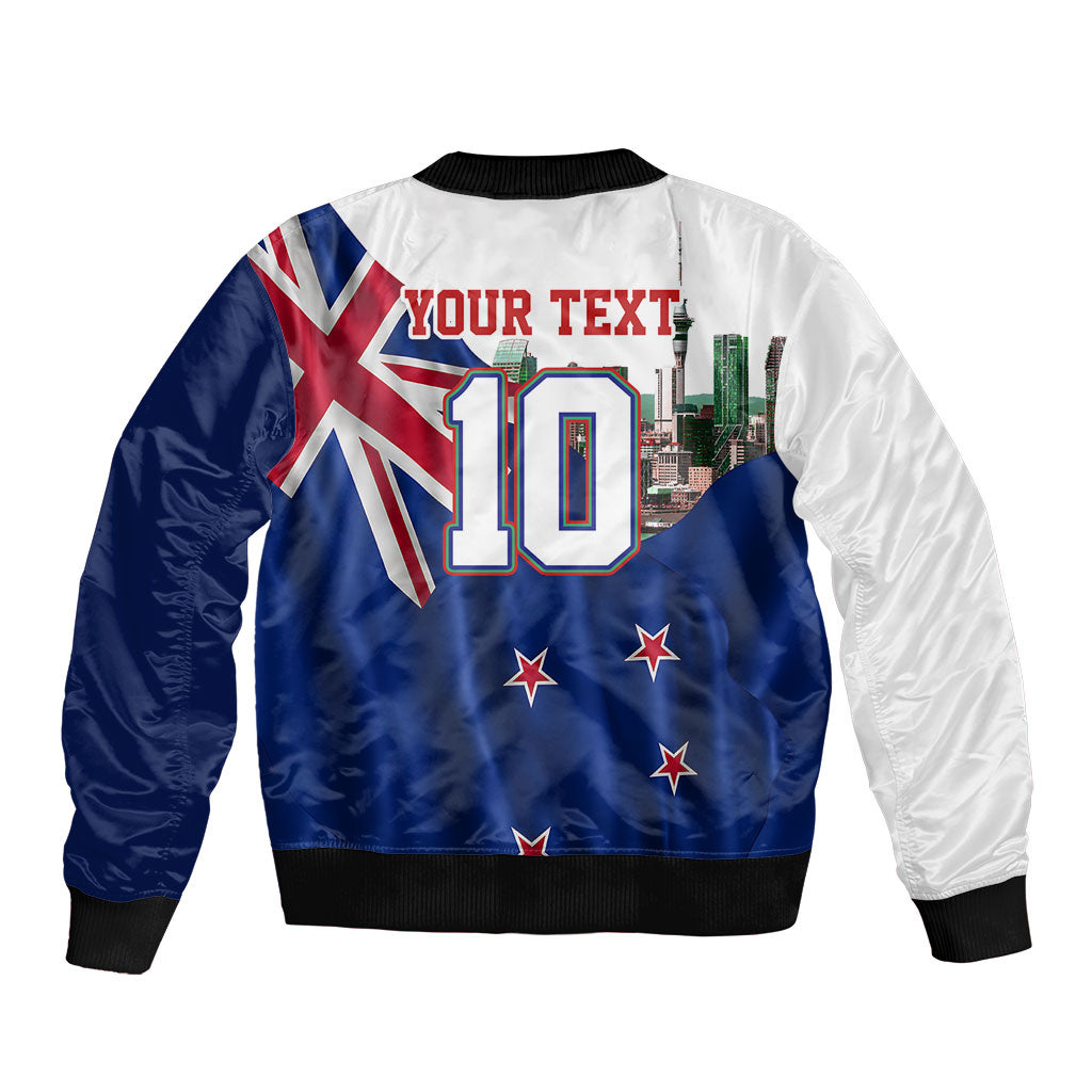 Personalized New Zealand Warriors Rugby Bomber Jacket Warrior Mascot Auckland Skyline Flag Art