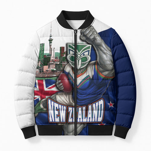 Personalized New Zealand Warriors Rugby Bomber Puffer Jacket Warrior Mascot Auckland Skyline Flag Art