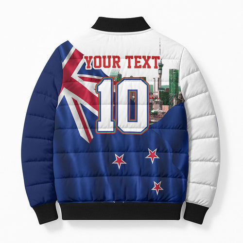 Personalized New Zealand Warriors Rugby Bomber Puffer Jacket Warrior Mascot Auckland Skyline Flag Art